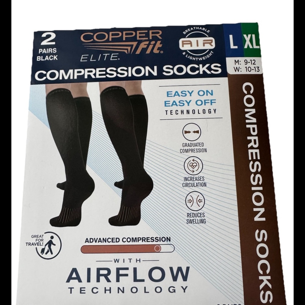 Copper Fit Energy Compression Socks Black, Size L/XL , M9-12/W 10-13 2 Pairs